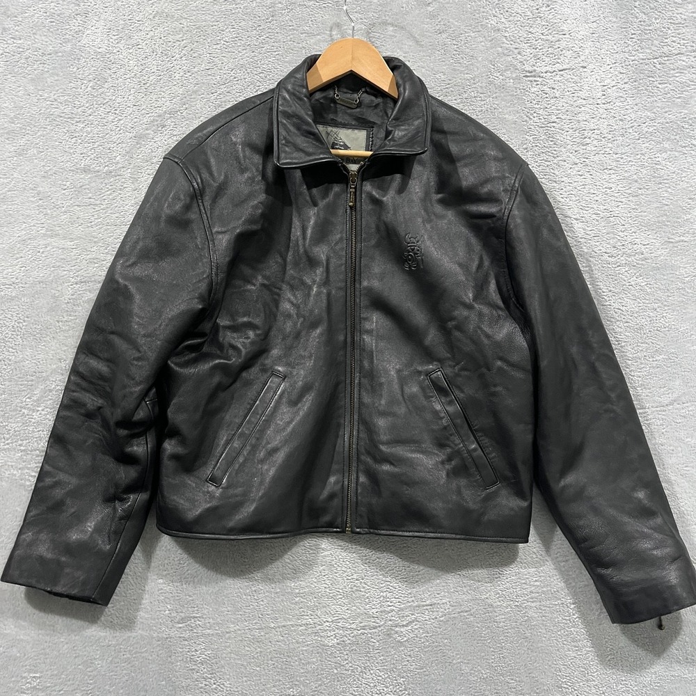 Vintage Burks Bay Leather Jacket Thor Hammer Viking Embroidered Biker Moto 90s